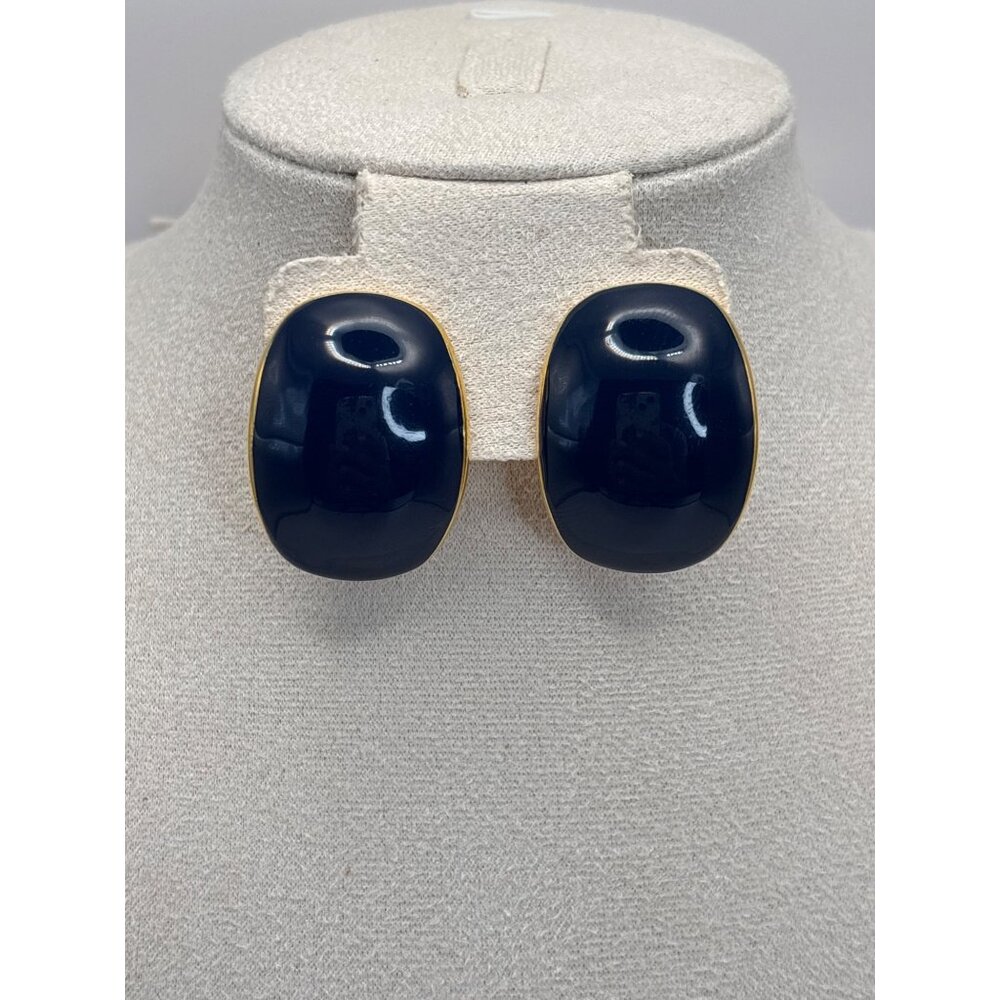 Napier Vintage Oval Gold Tone Navy Blue Enamel Screw Back Clip On Earrings